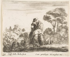Tavola 24: mandriano a cavallo, visto da dietro, guida il suo bestiame giù per una collina, ca. 1644-47 da Stefano della Bella