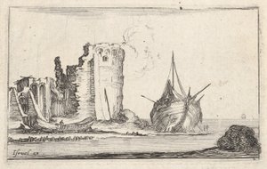 Piatto 2: una nave a destra e una barca a remi a sinistra, arenata sulla riva, una torre in rovina da Stefano della Bella