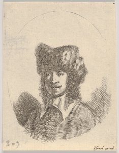 Tavola 2: testa di un uomo con baffi e cappello di pelliccia rivolto a sinistra, una composizione ovale, 1650 da Stefano della Bella