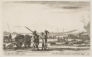 Tavola 3: un ufficiale che dà ordini a un soldato in primo piano, cannone a sinistra, ca. 1641