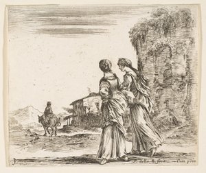 Tavola 3: due ragazze che camminano verso sinistra, viste da dietro, una donna a cavallo t..., ca. 1644-47 da Stefano della Bella