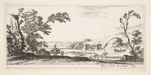 Tavola 3: due cavalieri che attraversano un fiume a destra, una donna con due cesti sopra un asino, ca. 1641 da Stefano della Bella