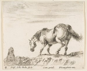 Tavola 4: un cavallo di profilo rivolto a sinistra, in procinto di scendere da un tumulo, un cavallo..., ca. 1644-47