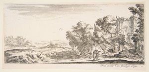 Due pellegrini osservano rovine a destra, uno indica verso destra, un pastore, ca. 1641 da Stefano della Bella