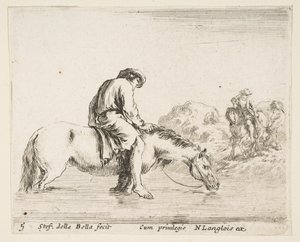 Tavola 5: un contadino a piedi nudi a cavallo che attraversa un fiume, un altro contadino a cavallo..., ca. 1644-47