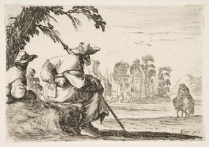 Piastra 5: due pellegrini con cappelli riposano a sinistra, visti da dietro, un cavaliere cavalca verso da Stefano della Bella