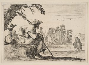 Due pellegrini con cappelli riposano a sinistra, visti da dietro, un cavaliere cavalca verso, 1642 da Stefano della Bella