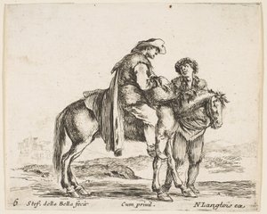 Tavola 6: un contadino a cavallo di profilo rivolto a destra, con un cesto e t..., ca. 1644-47 da Stefano della Bella