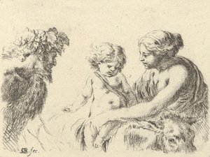 Piatto 6: una donna a destra che tiene il suo bambino seduto su un asino, un satiro a sinistra, ca. 1646 da Stefano della Bella