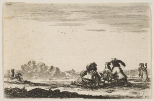 Tavola 7: Due nobili seduti al centro, visti da dietro, conversano con una nobildonna, 1642