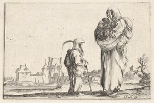 Tavola 7: una contadina che porta un bambino a destra, parlando con un altro bambino in piedi..., ca. 1642 da Stefano della Bella