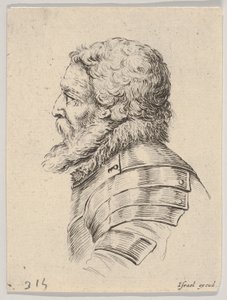 Tavola 7: busto di un soldato barbuto con armatura, rivolto a sinistra in profilo, da Vari elmi, 1650 da Stefano della Bella