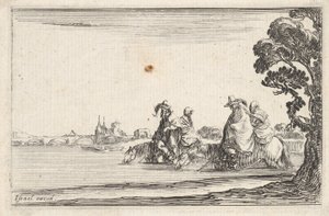 Tavola 8: due cavalieri con cappelli a destra, ciascuno con una donna seduta dietro di loro, ca. 1642 da Stefano della Bella