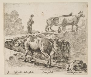 Tavola 9: una mucca che sale una riva, una contadina che conduce due mucche attraverso un ponte, ca. 1644-47 da Stefano della Bella