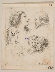 Cinque teste, due giovani donne a sinistra, un uomo barbuto in alto a destra, una giovane donna, ca. 1649