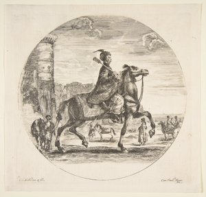Cavaliere polacco di profilo rivolto a destra, una torre e altre figure a cavallo sullo sfondo, ca. 1651 da Stefano della Bella