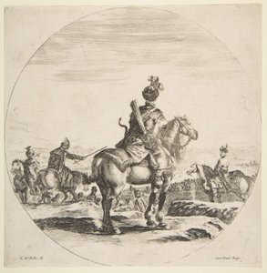 Cavaliere polacco con arco e freccia, visto da dietro con il suo cavallo rivolto a destra, ca. 1651 da Stefano della Bella