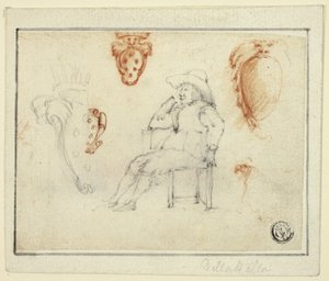 Schizzi di uomo seduto, stemmi dei Medici da Stefano della Bella