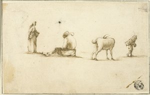 Schizzi di donna in piedi, uomo seduto, capra e uomo che porta una scatola sulla schiena
