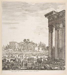 Le colonne del Tempio di Antonino a destra, parte del Campo Vaccino al centro da Stefano della Bella