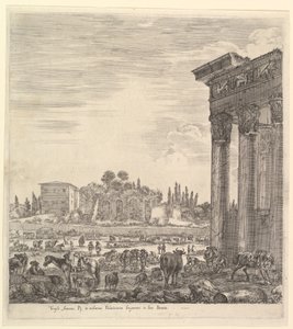 Le colonne del Tempio di Antonino a destra, una parte del Campo Vaccino al centro da Stefano della Bella