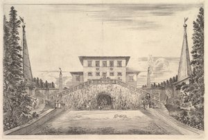 La villa al centro fiancheggiata da quattro obelischi, una scala su entrambi i lati, una statua, ca. 1653 da Stefano della Bella