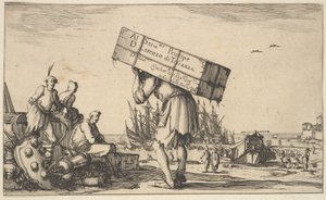 Pagina del titolo: un uomo che porta una cassa sulla schiena al centro, tre uomini che lo guardano, 1639 da Stefano della Bella