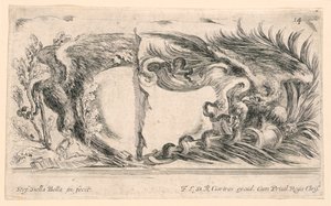 Due metà di stemmi, n. 14 da "Raccolta di varii cappriccii et nove inventioni di cartelle et ornamenti" da Stefano della Bella