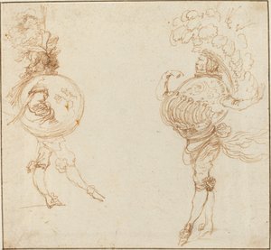 Due uomini in costumi da mascherata: La Terra e un elmo da parata