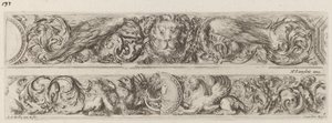 Due bande ornamentali con testa di leone e donna, probabilmente 1648