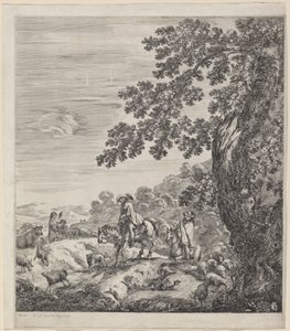 Due cavalieri che passano vicino a un branco di animali da Stefano della Bella