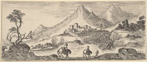 Due cavalieri scendono una collina al centro, seguendo un altro uomo a piedi, un castello sullo sfondo da Stefano della Bella