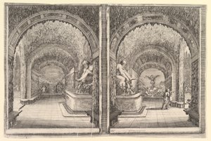 Due vedute di una grotta, entrambe con una fontana con una statua seduta, ca. 1653 da Stefano della Bella