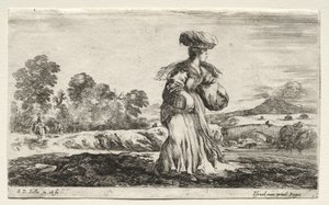 Varie figure e paesaggi: Contadina che porta un cesto sulla testa, 1649