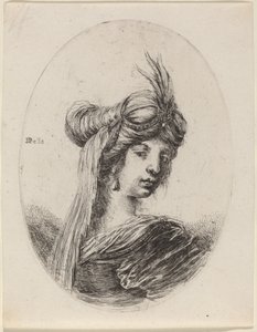 Donna con turbante piumato e velo, girata a destra