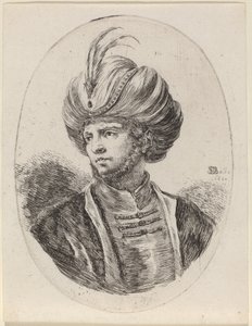 Giovane moro con una leggera barba e turbante piumato, girato a sinistra da Stefano della Bella