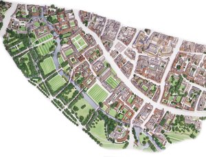 Vista aerea di Cambridge, disegnata nel 1996 da Stephen Conlin