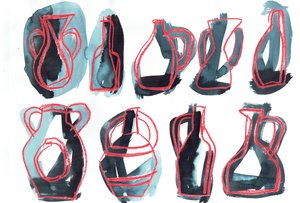 Nine Vessels, 2016 (pastello a olio e tintura per tessuti su carta) da Stephen Dow