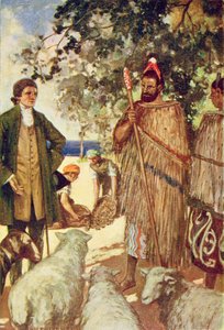 Il capitano Cook (1728-79) presenta agli indigeni alcune pecore e capre, illustrazione da 