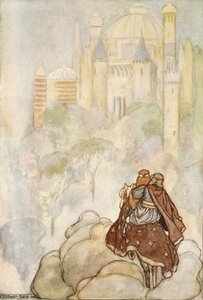 Cavalcarono fino a un palazzo maestoso, illustrazione da 
