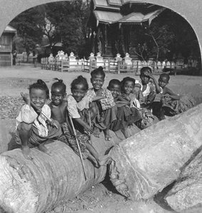 Bambini birmani seduti su un tronco di palma, Birmania, 1908 da Stereo Travel Co