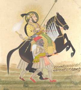 Maharana Sangram Singh che cavalca uno stallone da premio, ca. 1712
