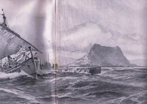 Sottomarino tedesco che attraversa lo stretto di Gibilterra in rotta verso i Dardanelli, da The Illustrated History of the World War 1914-1915 pub. da Union Berlagsefellfchaft