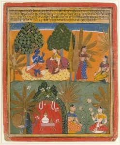Krishna e Radha con le loro confidenti: Pagina da un Gita Govinda disperso, ca. 1655-60