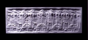 Impressione di sigillo cilindrico con manico, Uruk (ora Warka, Iraq), c.3300-3000 a.C. da Sumerian Sumerian