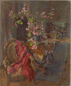 Cappotto rosso con geranio da Susan Ryder