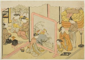 Una tazza di sake prima di dormire (Toko sakazuki), il sesto foglio della serie "Matrimonio in stampe broccate, il carro della donna virtuosa (Konrei nishiki misao-guruma)" da Suzuki Harunobu