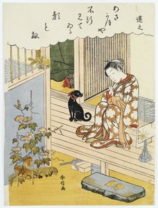 Una cortigiana seduta su una veranda che si lava i denti e guarda pensierosa una gloria mattutina in fiore da Suzuki Harunobu