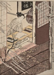 Una donna seduta a una scrivania che guarda la pioggia da Suzuki Harunobu
