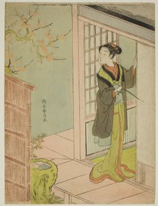 Bellezza che ammira un usignolo che canta su un albero di prugne da Suzuki Harunobu